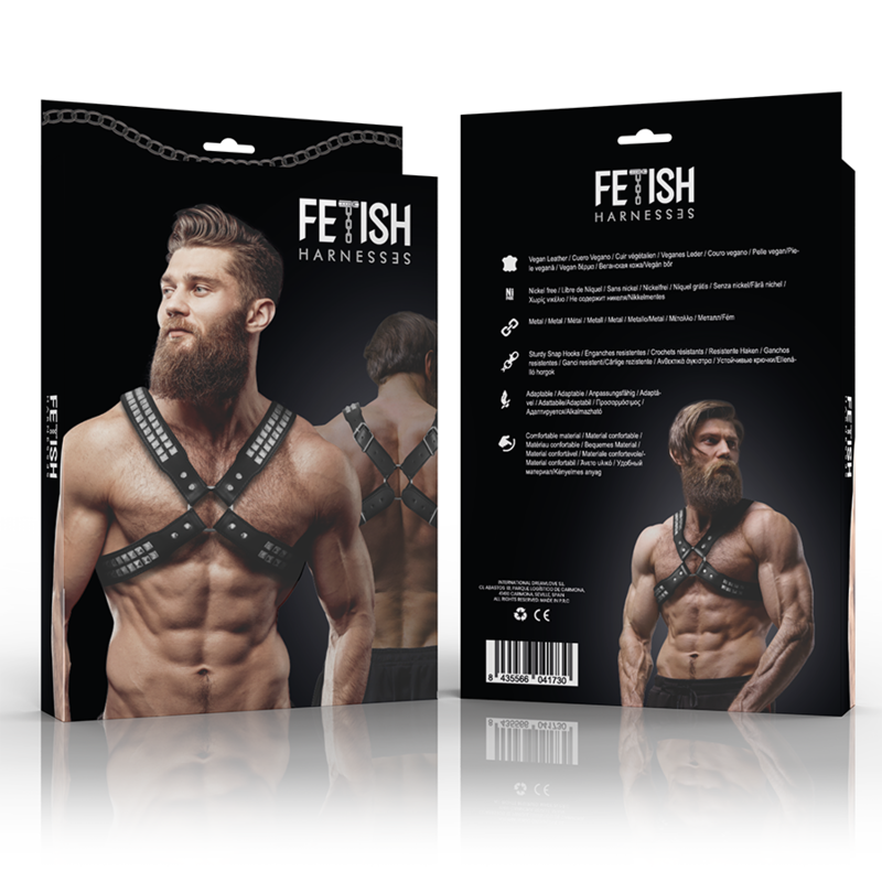 FETISH SUBMISSIVE ATTITUDE - HARNAIS EN CUIR ÉCOLOGIQUE POUR HOMMES  POITRINE CROISÉE AVEC RIVETS
