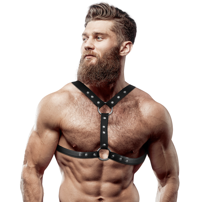 FETISH SUBMISSIVE ATTITUDE - HARNAIS DE POITRINE EN ÉCO-CUIR AVEC DOUBLE SUPPORT ET CLOUS POUR HOMMES
