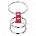 KINK - ANNEAU PÉNIS TRIPLE MÉTAL 3,7 CM À 5 CM CONNECTÉ AVEC DU CUIR ROUGE